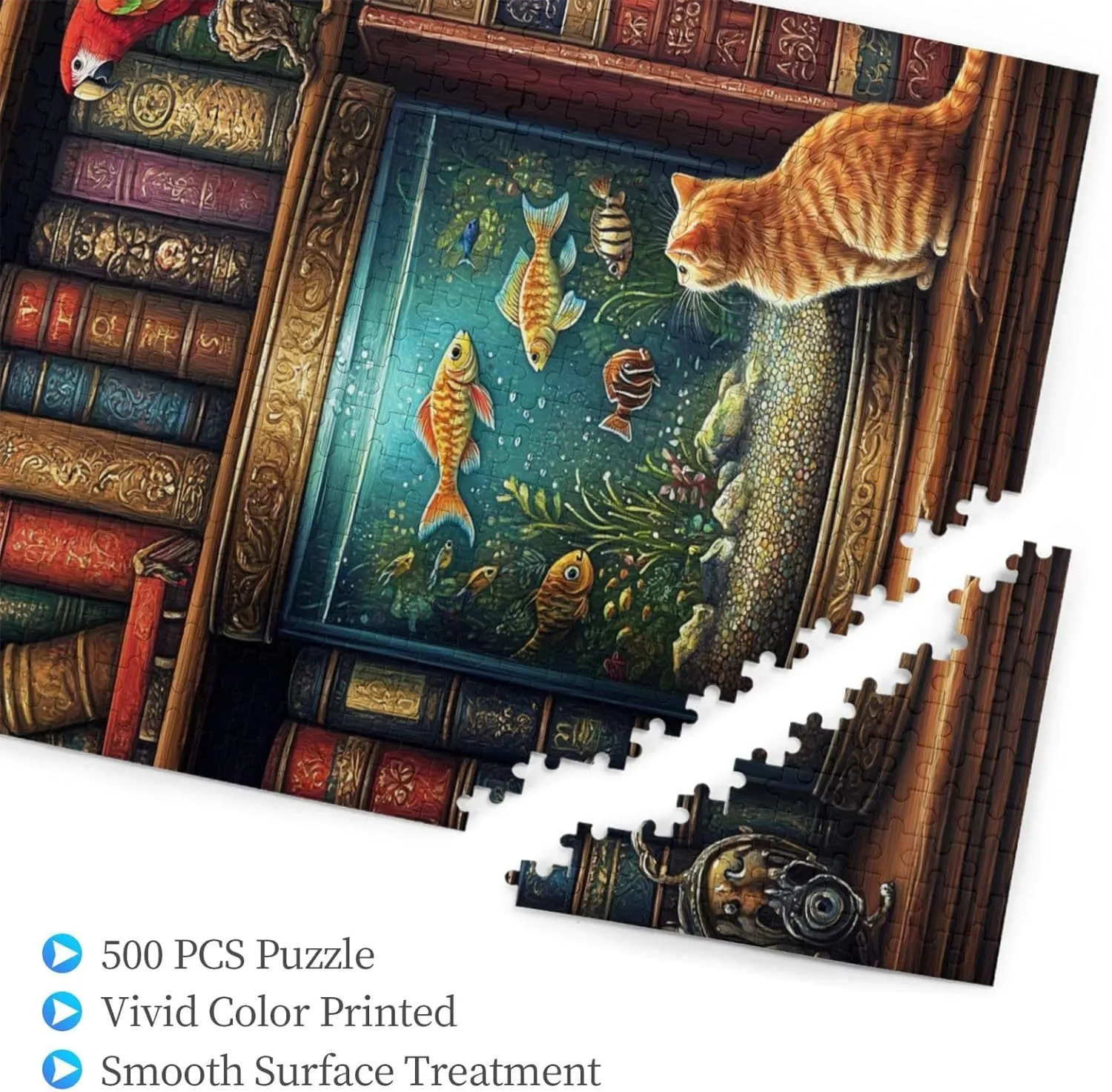 Pet Jigsaw Puzzle 500 Pieces, Cat in Front of Fish Tank, Wooden Puzzles for Adults, Vibrant and Unique, Creative Entertainment Game, Challenging Brain Exercise, Stress Relief