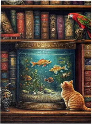 Pet Jigsaw Puzzle 500 Pieces, Cat in Front of Fish Tank, Wooden Puzzles for Adults, Vibrant and Unique, Creative Entertainment Game, Challenging Brain Exercise, Stress Relief