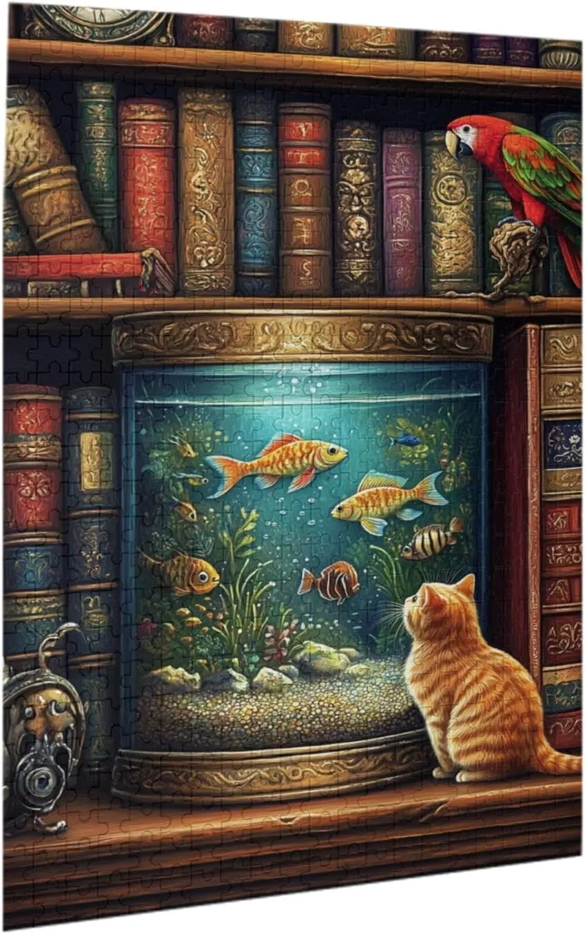 Pet Jigsaw Puzzle 500 Pieces, Cat in Front of Fish Tank, Wooden Puzzles for Adults, Vibrant and Unique, Creative Entertainment Game, Challenging Brain Exercise, Stress Relief