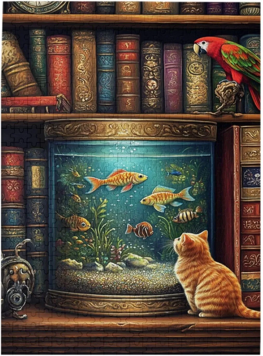 Pet Jigsaw Puzzle 500 Pieces, Cat in Front of Fish Tank, Wooden Puzzles for Adults, Vibrant and Unique, Creative Entertainment Game, Challenging Brain Exercise, Stress Relief