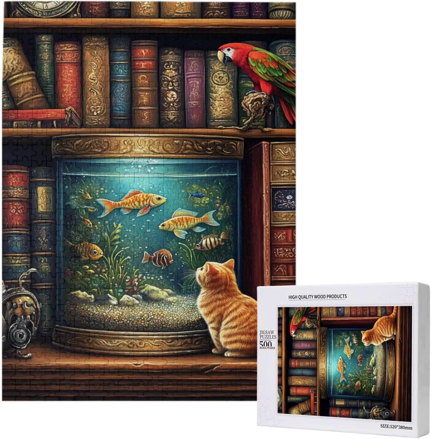 Pet Jigsaw Puzzle 500 Pieces, Cat in Front of Fish Tank, Wooden Puzzles for Adults, Vibrant and Unique, Creative Entertainment Game, Challenging Brain Exercise, Stress Relief