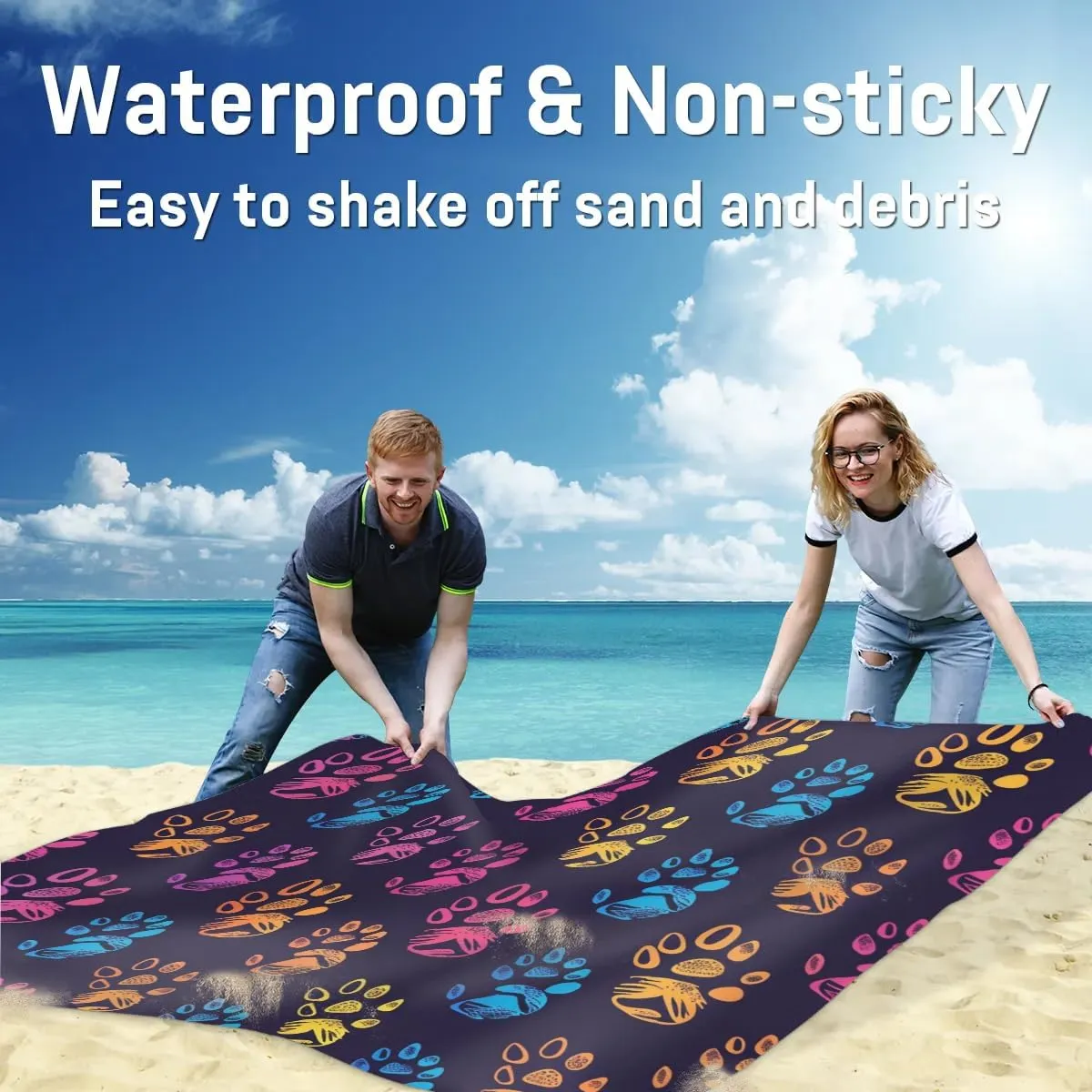 Pet Paw Print Beach Blanket, Sandproof Beach Mat, Adults Waterproof Quick Drying Sand Free Mat with 4 x Ground Spikes for Outdoor Travel Camping Hiking, Colorful Paw