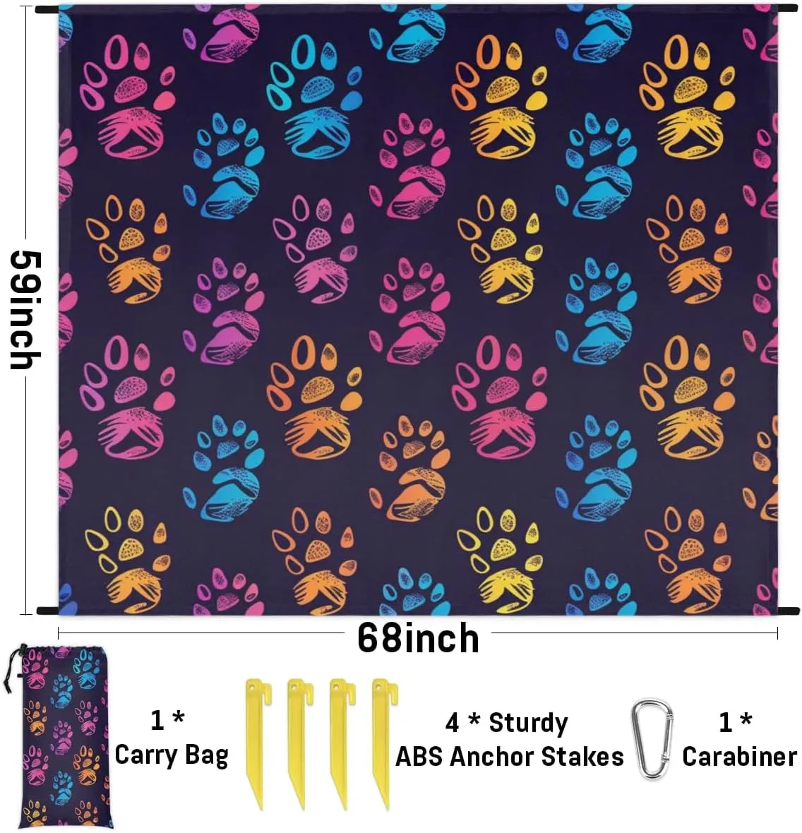 Pet Paw Print Beach Blanket, Sandproof Beach Mat, Adults Waterproof Quick Drying Sand Free Mat with 4 x Ground Spikes for Outdoor Travel Camping Hiking, Colorful Paw