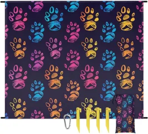 Pet Paw Print Beach Blanket, Sandproof Beach Mat, Adults Waterproof Quick Drying Sand Free Mat with 4 x Ground Spikes for Outdoor Travel Camping Hiking, Colorful Paw
