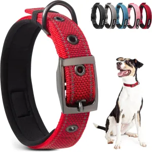 PetiFine Neoprene Padded Dog Collar, Heavy Duty Comfort Dog Collar with Durable Metal Buckle, Reflective Adjustable Belt Buckle Dog Collars for Small Medium Large Dogs(19''-23'', Red)