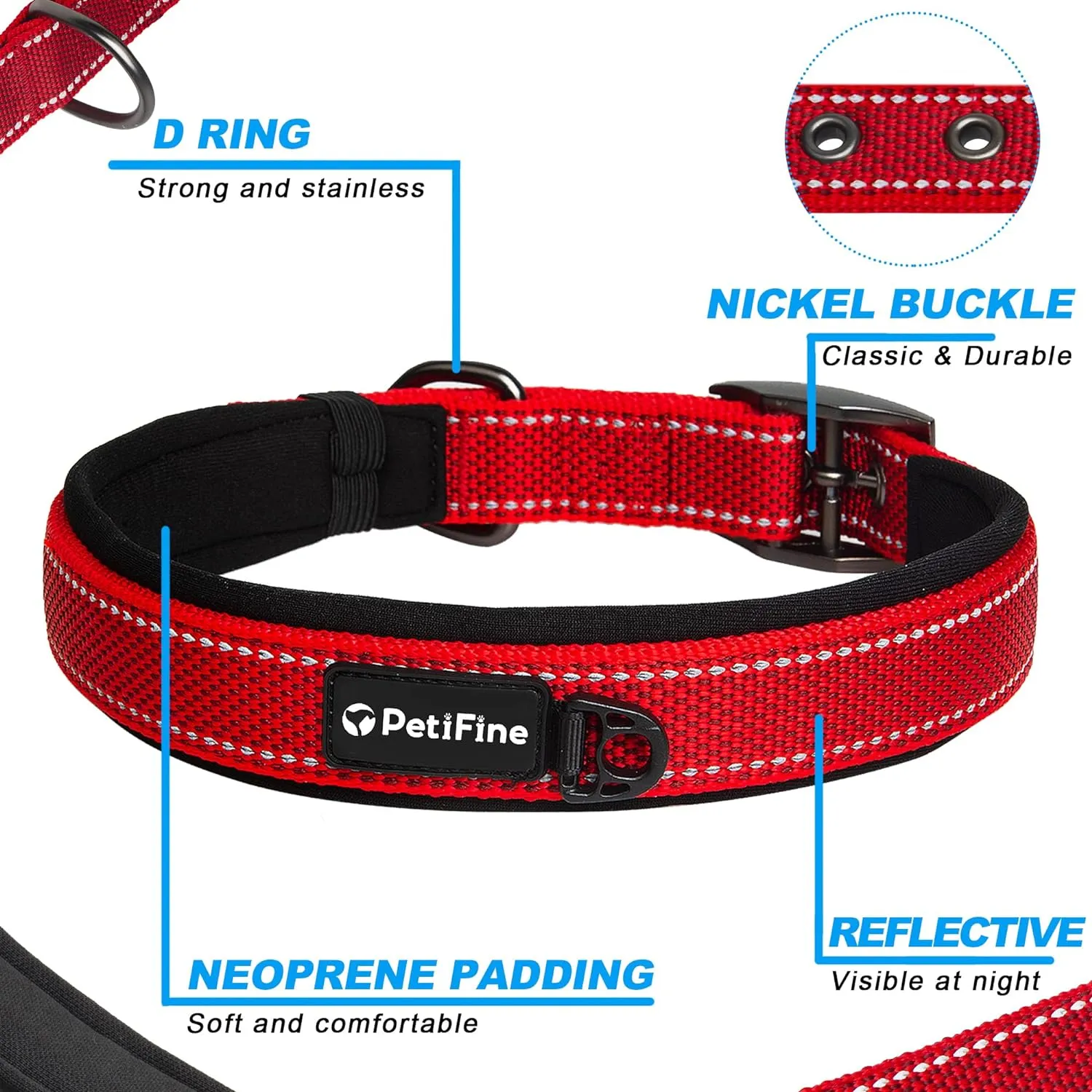 PetiFine Neoprene Padded Dog Collar, Heavy Duty Comfort Dog Collar with Durable Metal Buckle, Reflective Adjustable Belt Buckle Dog Collars for Small Medium Large Dogs(19''-23'', Red)
