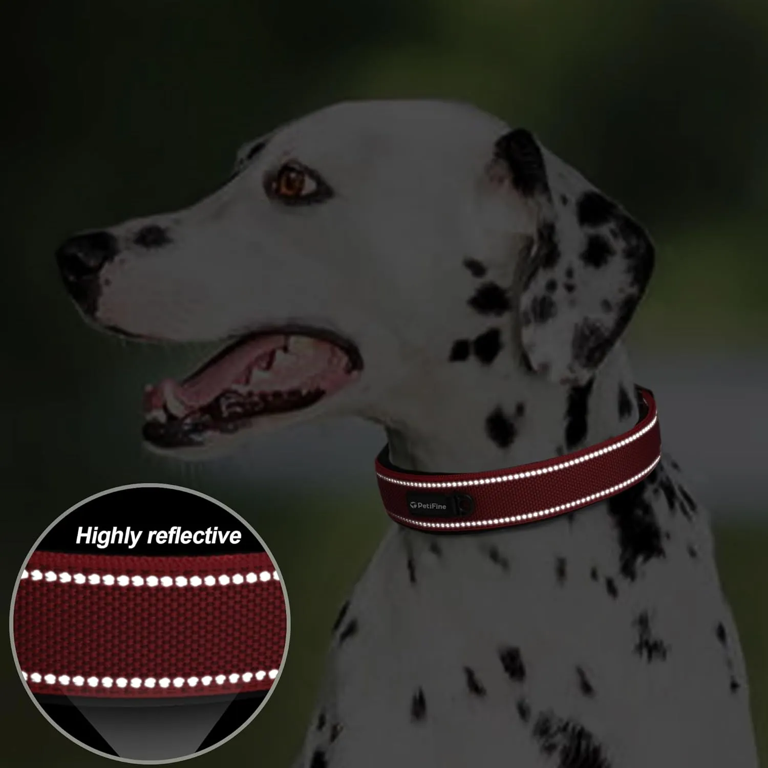 PetiFine Neoprene Padded Dog Collar, Heavy Duty Comfort Dog Collar with Durable Metal Buckle, Reflective Adjustable Belt Buckle Dog Collars for Small Medium Large Dogs(19''-23'', Red)