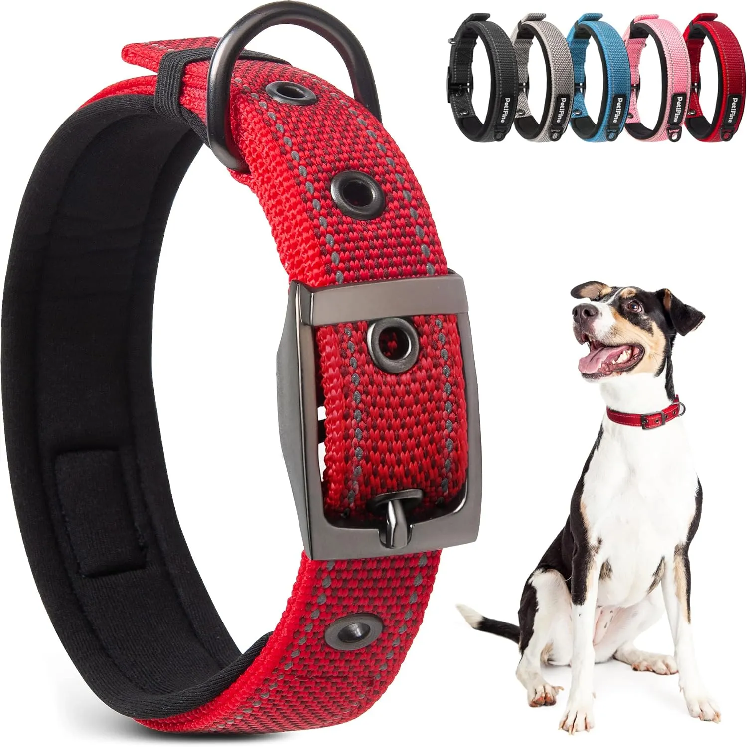 PetiFine Neoprene Padded Dog Collar, Heavy Duty Comfort Dog Collar with Durable Metal Buckle, Reflective Adjustable Belt Buckle Dog Collars for Small Medium Large Dogs(19''-23'', Red)
