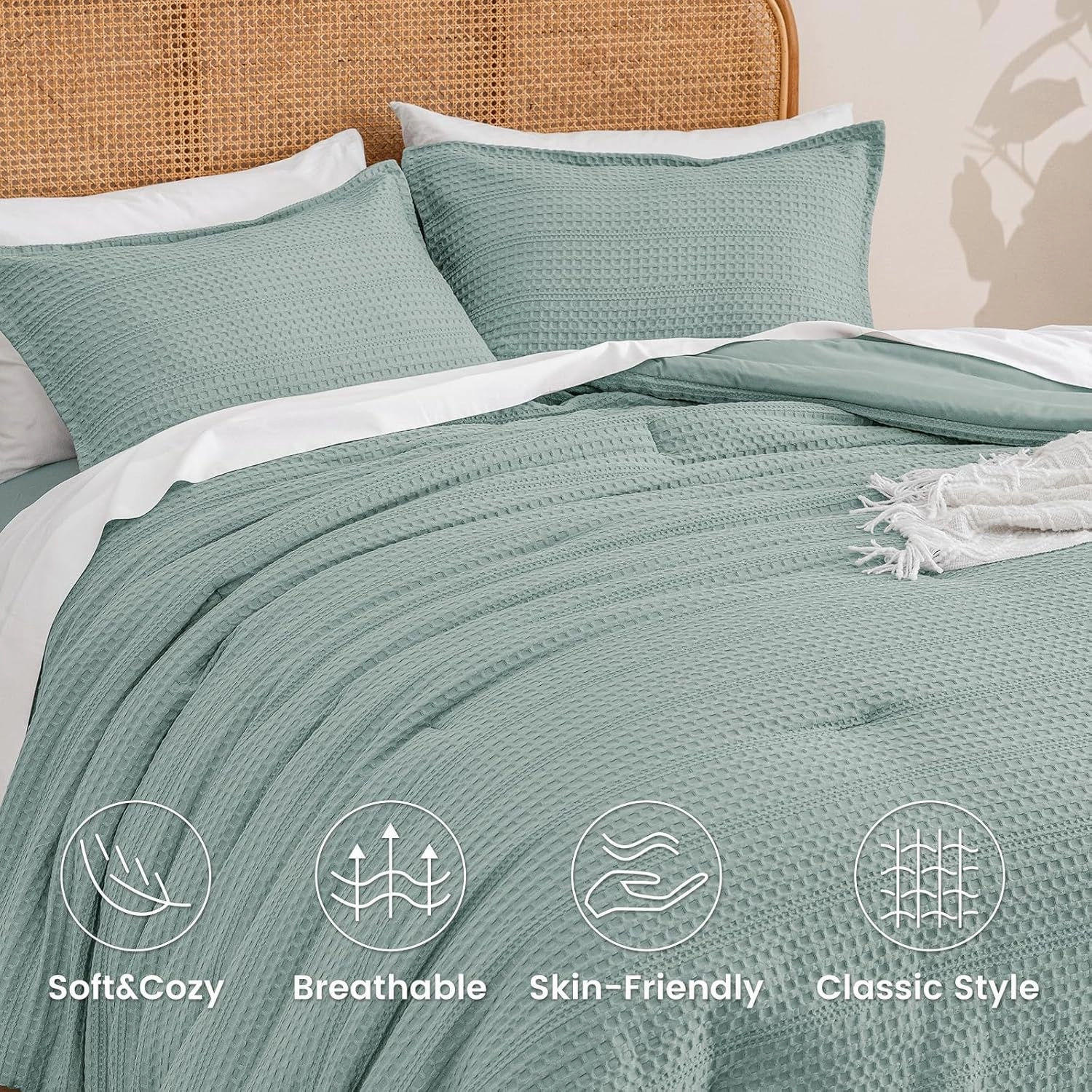 PHF Soft Waffle Comforter Set Queen Size- Comfy Breathable Waffle Weave Comforter with 2 Pillow Shams, 3 Pieces No Snagging Lightweight Bedding Set for All Season, Dusty Blue