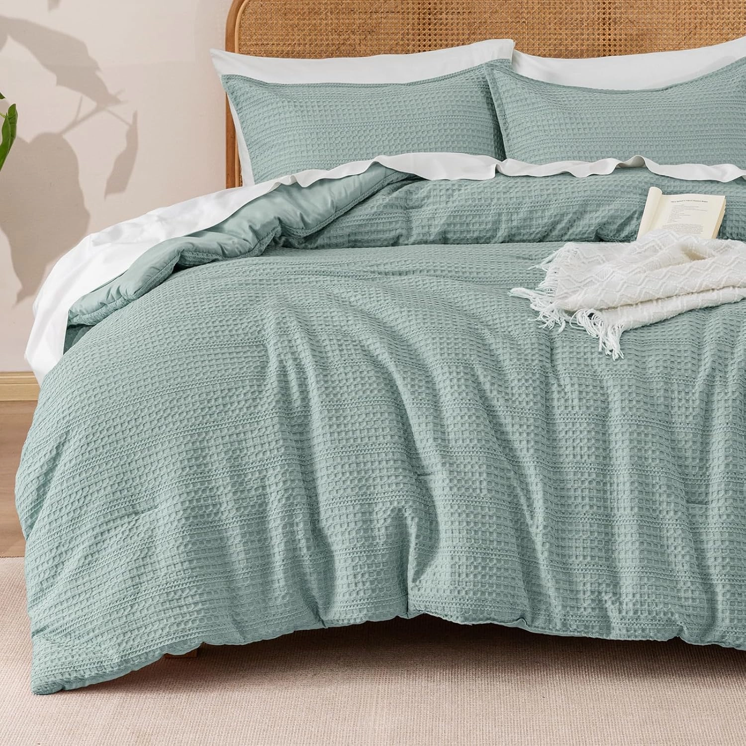 PHF Soft Waffle Comforter Set Queen Size- Comfy Breathable Waffle Weave Comforter with 2 Pillow Shams, 3 Pieces No Snagging Lightweight Bedding Set for All Season, Dusty Blue