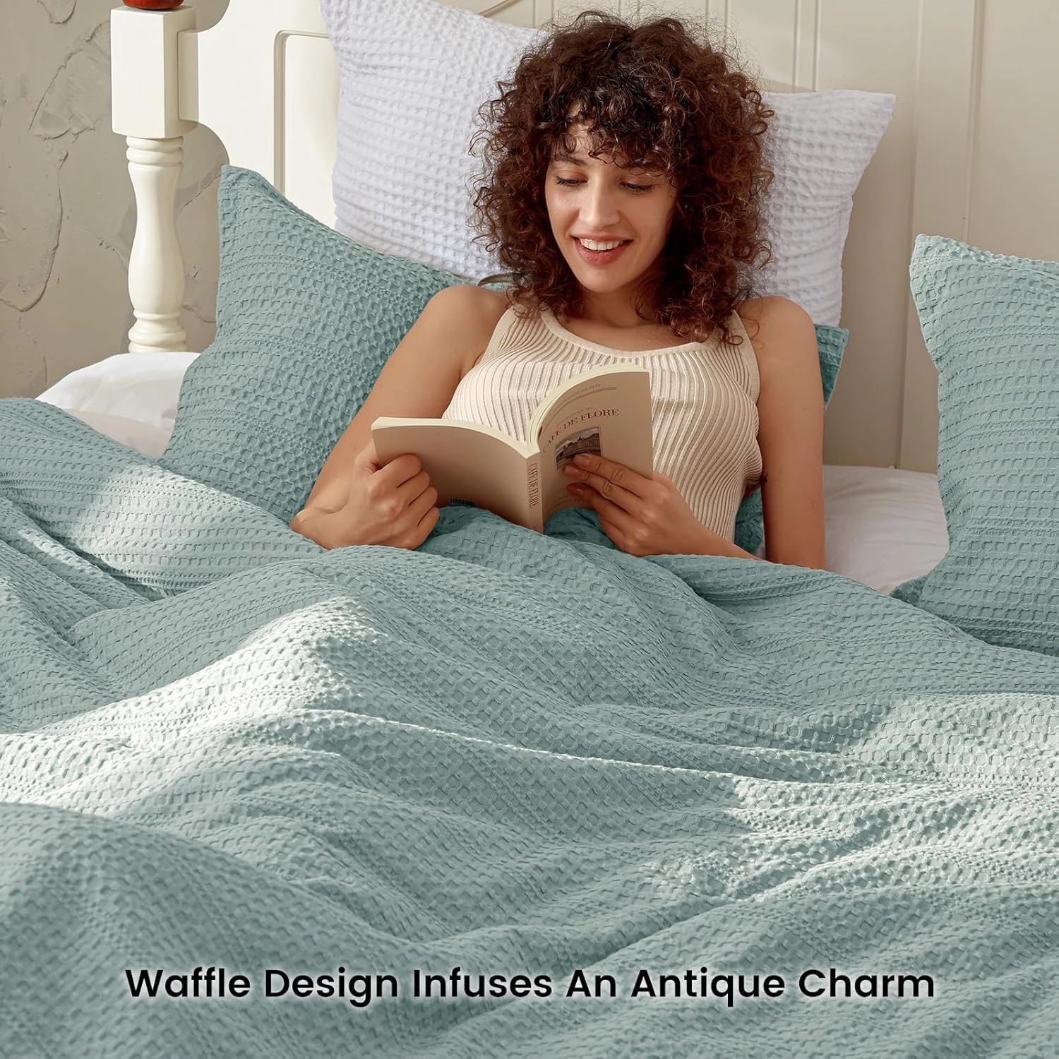 PHF Soft Waffle Comforter Set Queen Size- Comfy Breathable Waffle Weave Comforter with 2 Pillow Shams, 3 Pieces No Snagging Lightweight Bedding Set for All Season, Dusty Blue