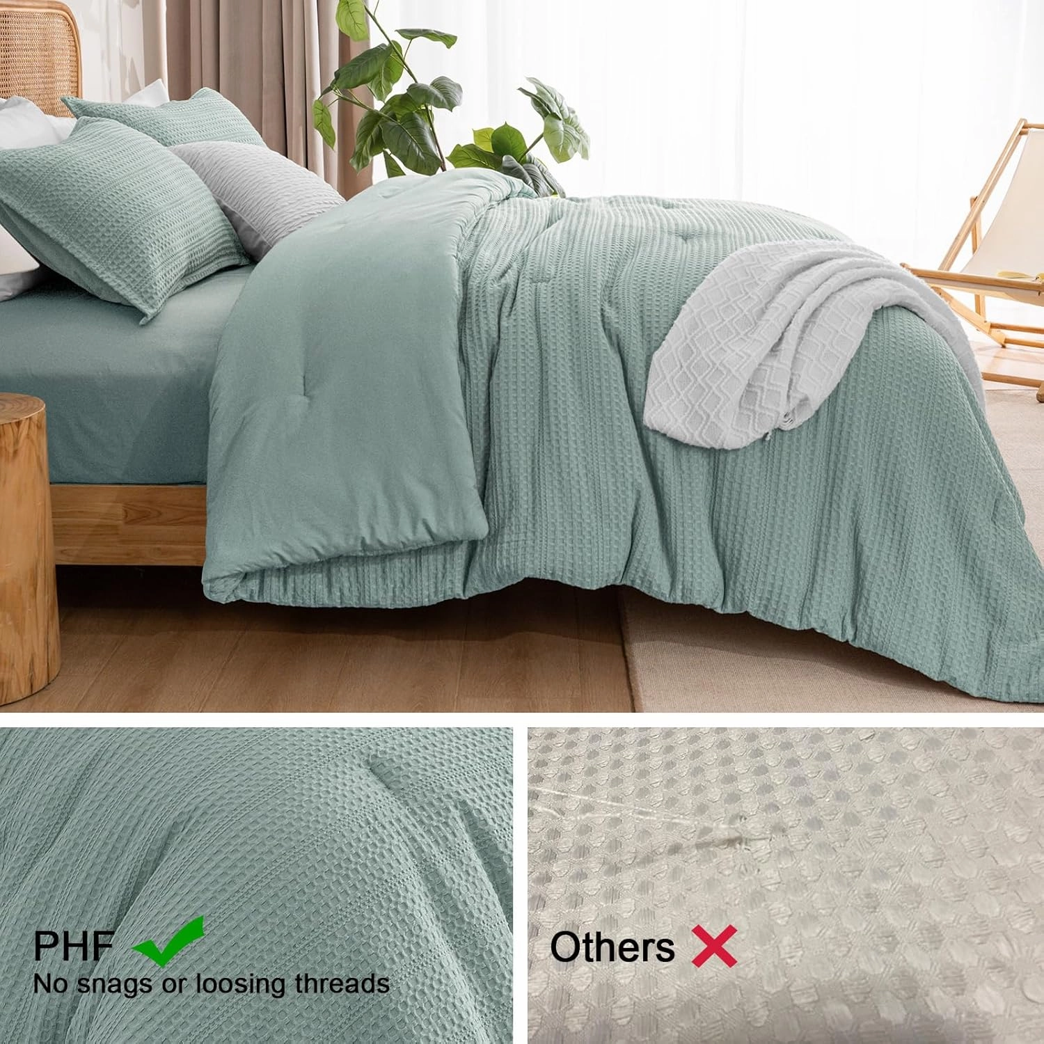 PHF Soft Waffle Comforter Set Queen Size- Comfy Breathable Waffle Weave Comforter with 2 Pillow Shams, 3 Pieces No Snagging Lightweight Bedding Set for All Season, Dusty Blue