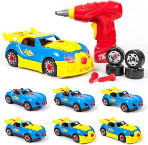 PicassoTiles 8 Styles Wooden Burr Cube   Take-A-Part Race Car Set with LED, Interlocking Ball and Barrels Logic Skill Puzzle Brain Teaser Game, Engine Sound, Mini Electric Power Tool Drill Screws