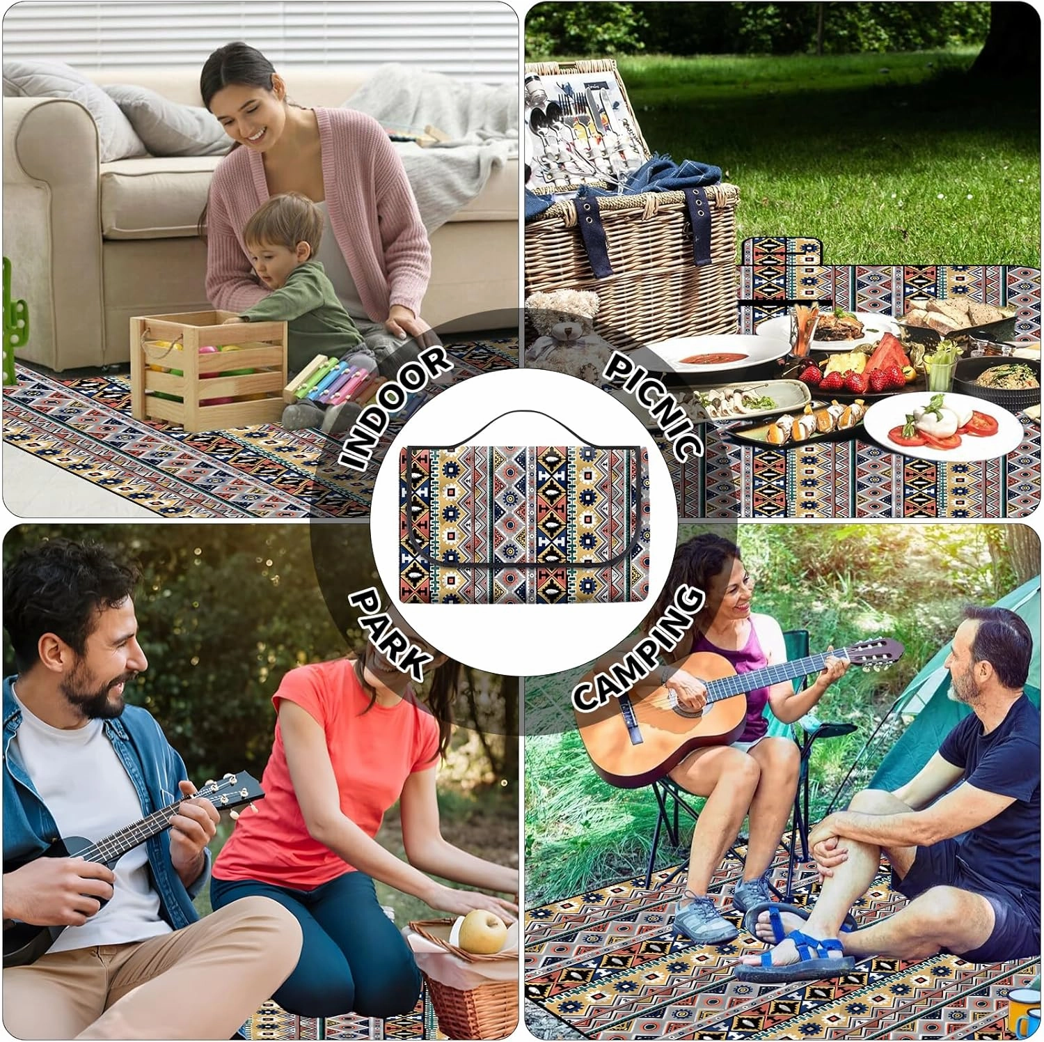 Picnic Blanket 80x80 Inch Waterproof Sandproof - Extra Large Collapsible Beach Mat for Outdoor, Camping, Travel - Portable Boho Design Gifts for Couple Women Family