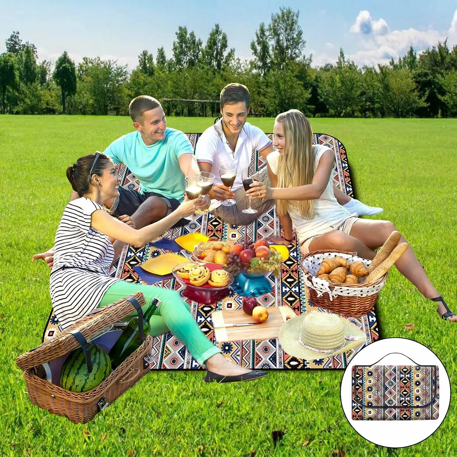 Picnic Blanket 80x80 Inch Waterproof Sandproof - Extra Large Collapsible Beach Mat for Outdoor, Camping, Travel - Portable Boho Design Gifts for Couple Women Family