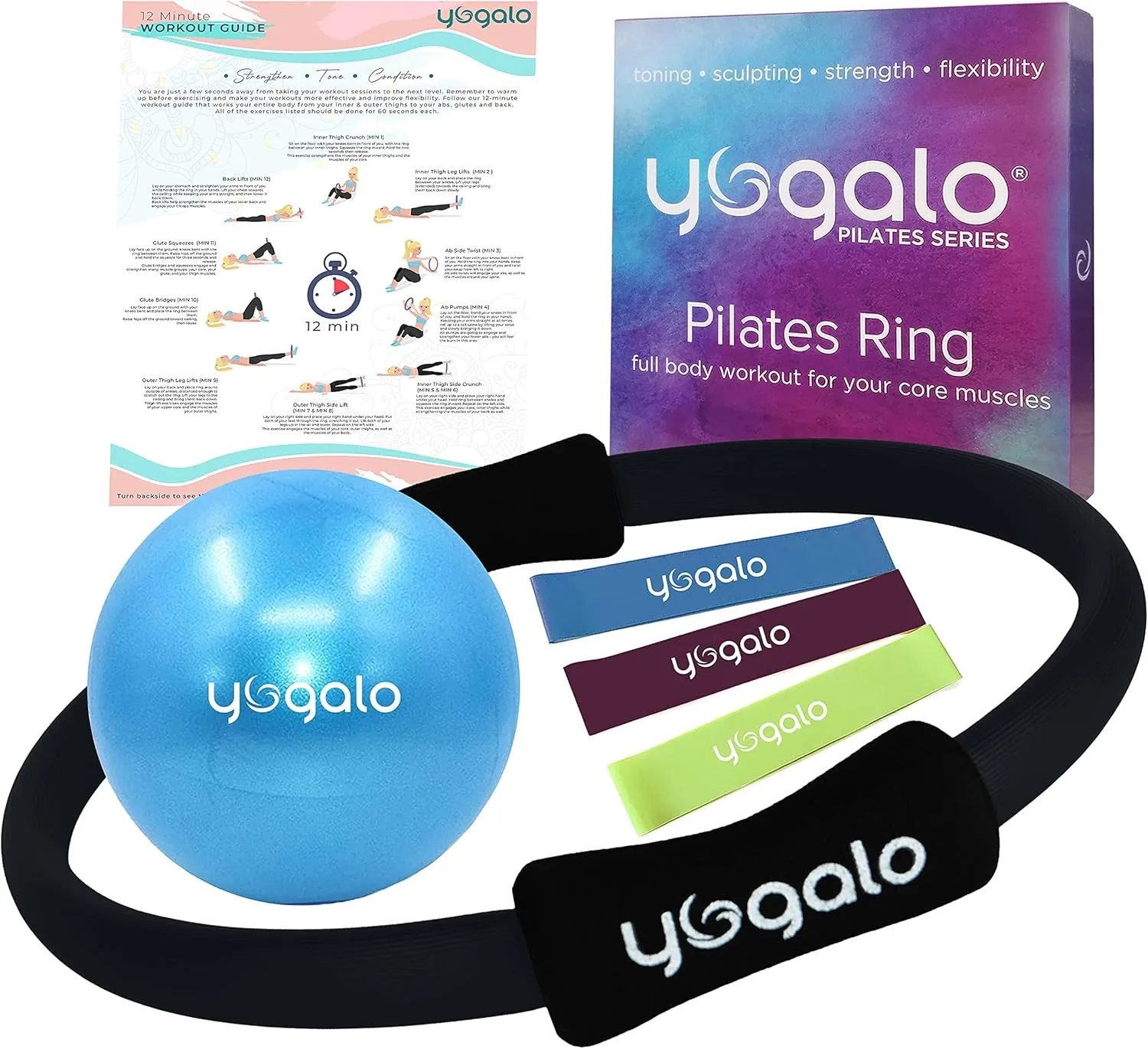 Pilates Ring and Ball Set with 3 Resistance Bands - Pilates Equipment for Home Workout - Magic Circle Pilates Ring 14 Inch to Tone, Sculpt and Strengthen - Fitness Ring for Yoga and Pilates