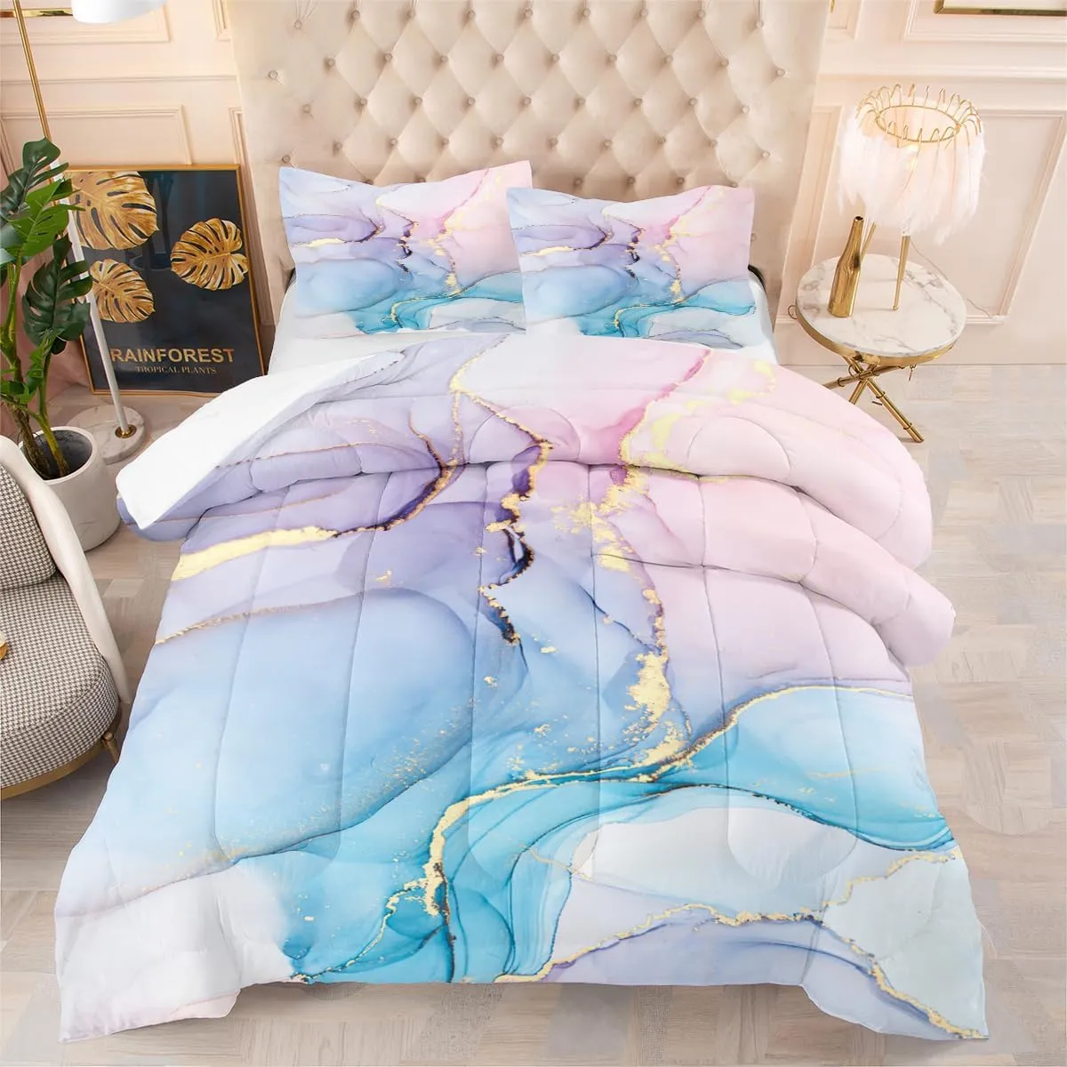 Pink Purple Blue Marble Print Comforter Set for Boys Girls Teens Abstract Art Queen Size Marbling Duvet Bedding Set Soft Microfiber Kids Adult Bedroom Quilt Set with 2Pillowcases