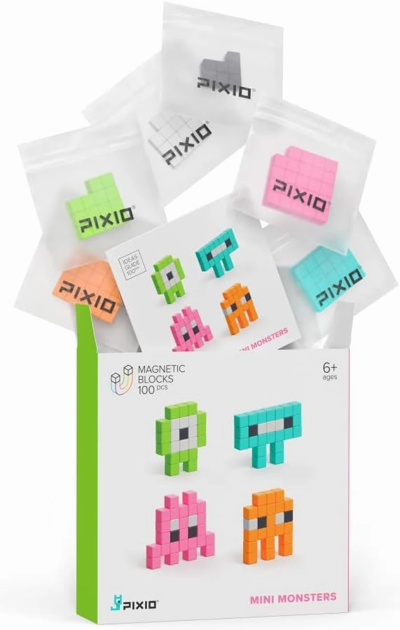 PIXIO Mini Monsters - Tiny Magnetic Blocks Building Toy in The Pixel Art Style with Free App - 5/16" Plastic Cubes with 6 Magnets Inside - Open Ended Toy - Creativity Toy for Ages 6 