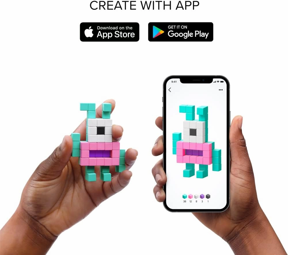 PIXIO Mini Monsters - Tiny Magnetic Blocks Building Toy in The Pixel Art Style with Free App - 5/16" Plastic Cubes with 6 Magnets Inside - Open Ended Toy - Creativity Toy for Ages 6 