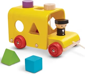 PlanToys Sorting Bus Pull Toy - Sustainably Made from Rubberwood Featuring Organic-Pigment Coloring and Water-Based Dyes with 3 Colorful Shapes and Pull-Along Bus