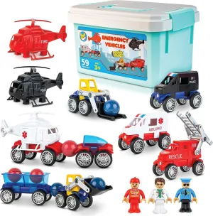 PLAY BRAINY Magnetic Emergency Vehicle Toy Set - 59Pcs Rescue Team & Car Toys for 3  Year Old Boys & Girls for Safety & Disaster Management - Kids Toy Set with Fire Truck, Ambulance, Helicopter & More