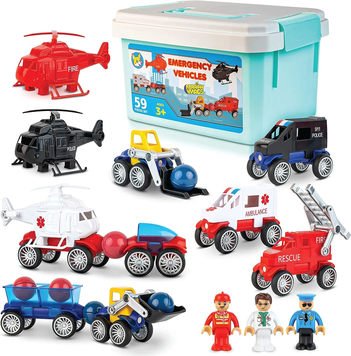PLAY BRAINY Magnetic Emergency Vehicle Toy Set - 59Pcs Rescue Team & Car Toys for 3  Year Old Boys & Girls for Safety & Disaster Management - Kids Toy Set with Fire Truck, Ambulance, Helicopter & More