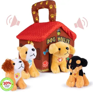 Plush Creations Talking Plush Dog House Carrier with 4 Soft & Cuddly, Talking & Barking, Stuffed Plush Dogs. Excellent Interactive and Educational Plush Toy Set. Great Gift for Kids Toddlers & Babies