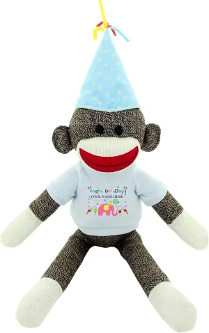 Plushland Custom Text Sock Monkey 20" - Adorable Birthday Gift for Kids, Adults and Friends, Personalized Name on Its T-Shirt Best Party Gift with (Birthday Blue Dot Hat)
