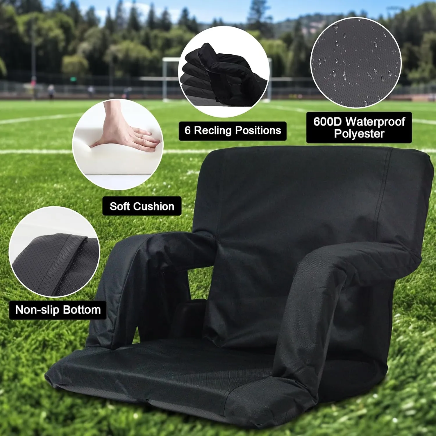 Portable Heated Stadium Seat Folding Design with Back Support, Adjustable Recline, Cup Holders and Easy Carry Straps