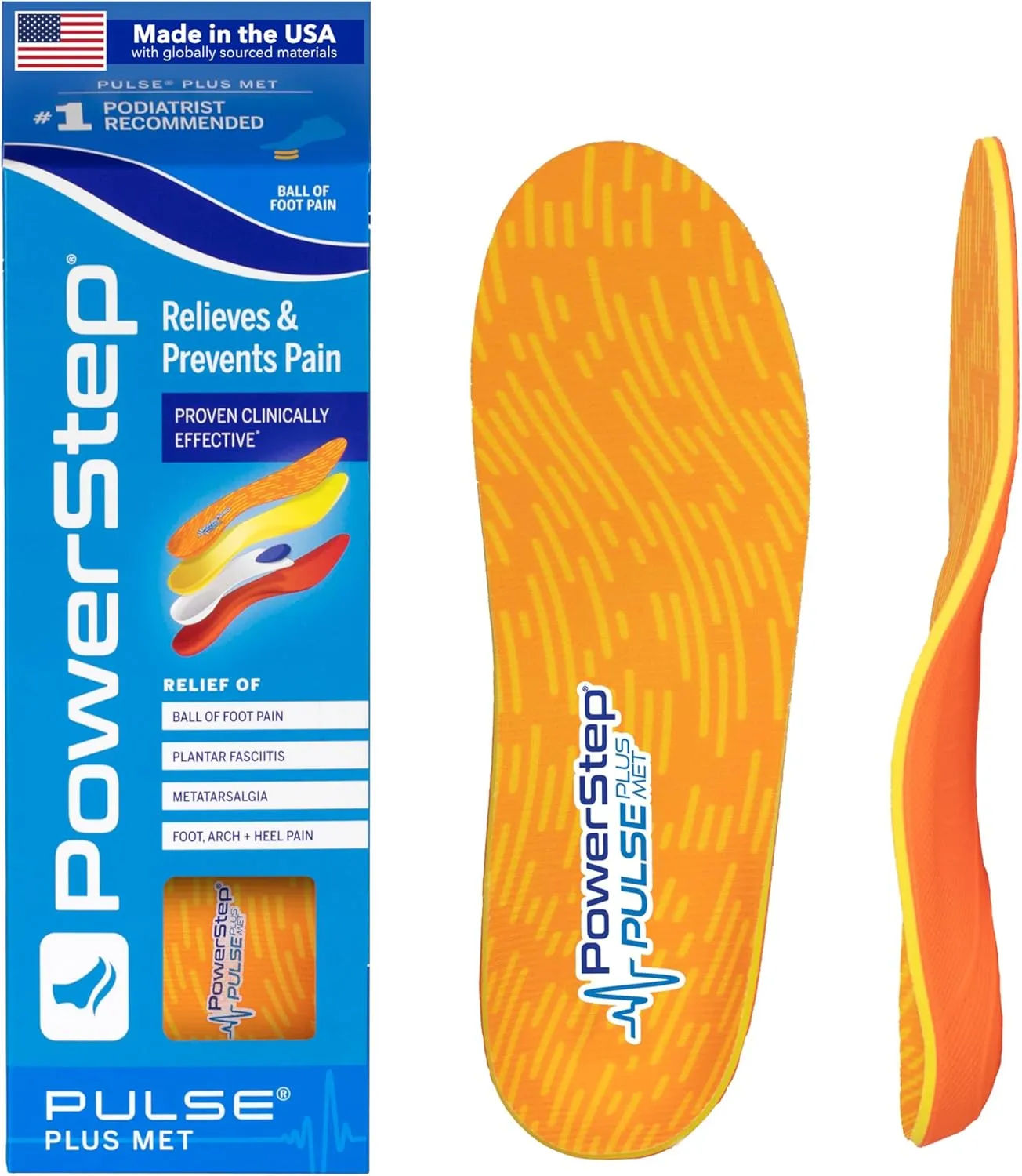 PowerStep Pulse Plus Ball of Foot Pain Relief Shoe Insoles - Running Shoe Orthotics for Metatarsal Foot Pain, and Morton's Neuroma Relief - Made in The USA (M 9-9.5, F 11-11.5)