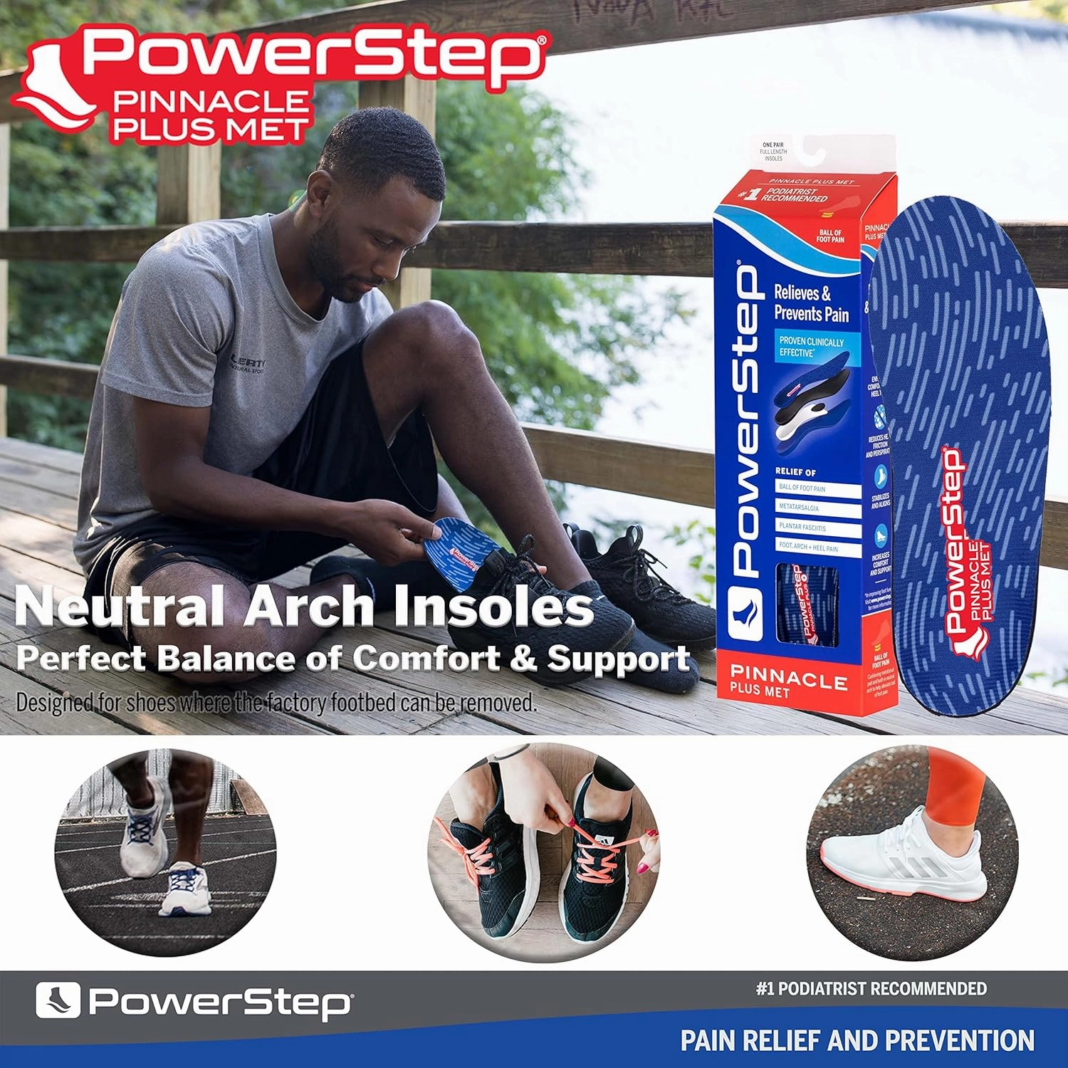 PowerStep Pinnacle Plus Ball of Foot Pain Relief Orthotics - Shoe Inserts for Metatarsalgia, Arch Support & Morton's Neuroma Pain Relief - Made in USA Insoles with Metatarsal Pad (M 6-6.5, F 8-8.5)