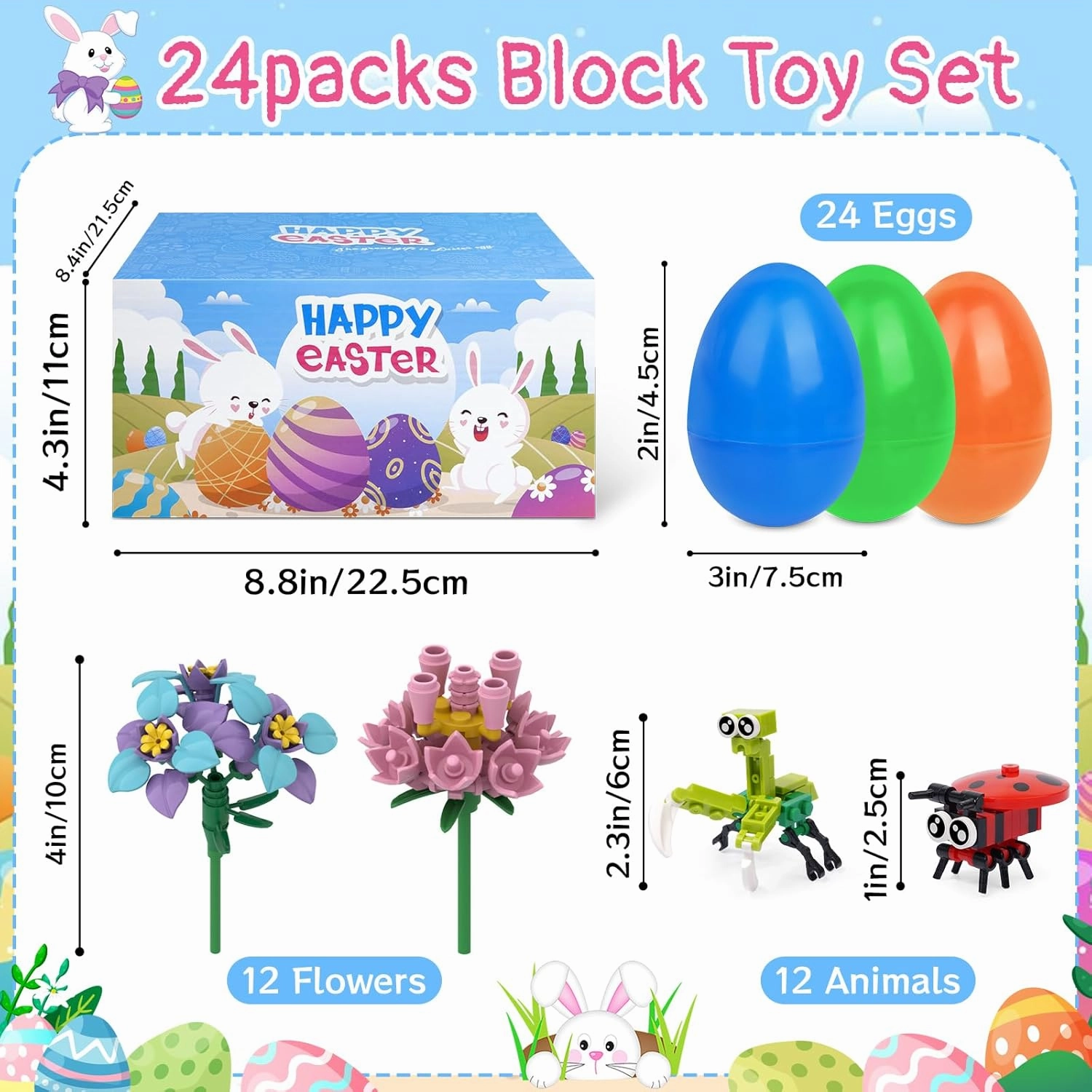 Prefilled Easter Eggs with Toys,24 Mini Building Blocks Insect and Flower Building Blocks for Easter Party Favors,Easter Basket Stuffers for Kids Classroom Prizes, Easter Egg Hunt