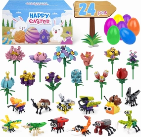 Prefilled Easter Eggs with Toys,24 Mini Building Blocks Insect and Flower Building Blocks for Easter Party Favors,Easter Basket Stuffers for Kids Classroom Prizes, Easter Egg Hunt