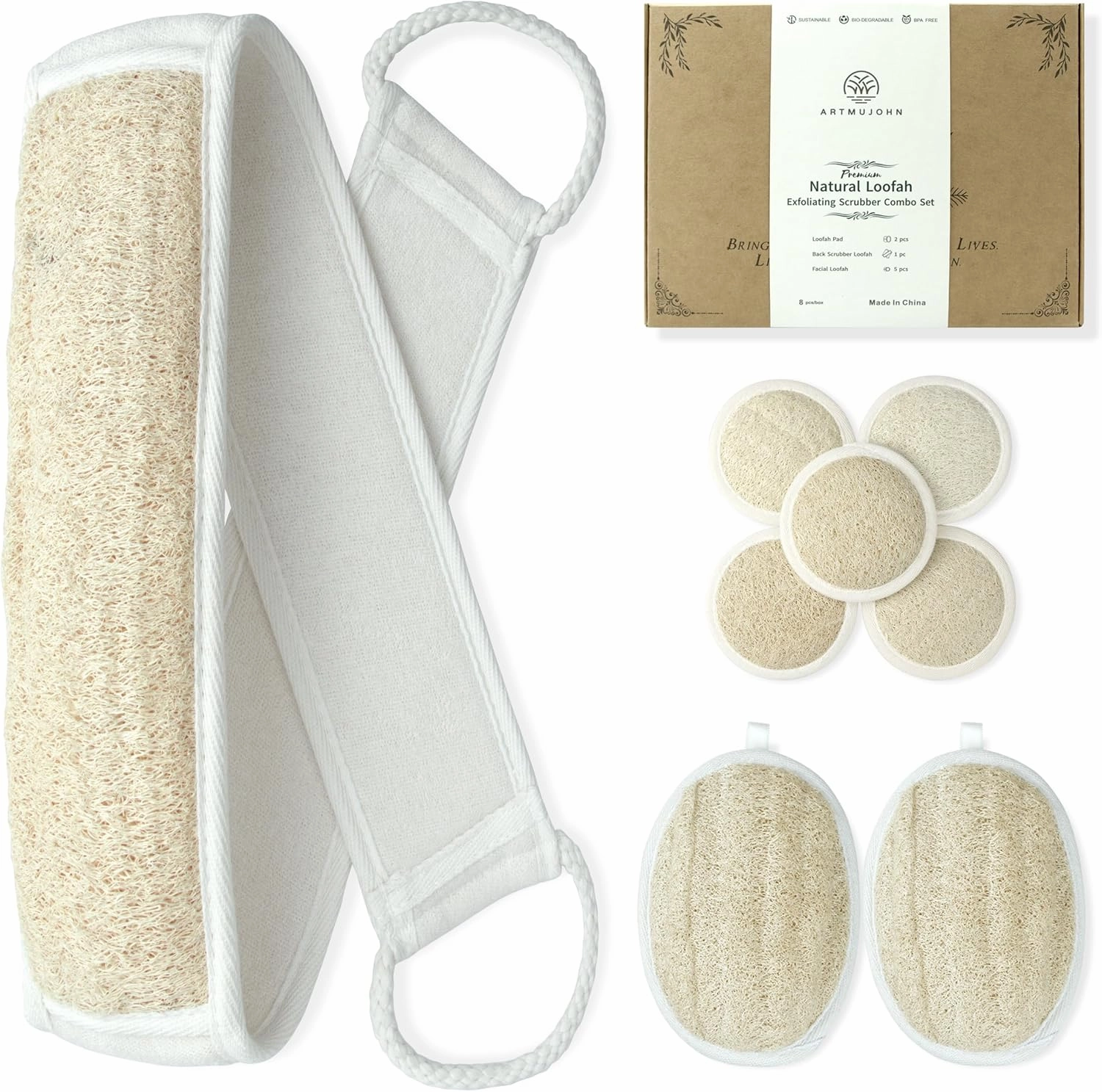 Premium Natural loofah exfoliating Scrubber Combo Set, 1 Pack Back Scrubber loofah - 2 Pack Loofah pad - 5 Pack Facial loofah - Loofah Set (Gift Box-Packed), Bathe loofah,Gift for Women