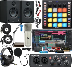 PreSonus AudioBox 96 Audio Interface Full Studio Bundle Includes Software Kit, ATOM MIDI Pad Controller, Eris 3.5 Pair Monitors, and Adjustable Suspension Boom Arm   HD7 Headphones