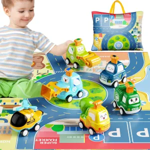 Press and Go Car Toys for Toddlers 1-3, 6 Pack Baby Toy Car Set with Play Mat for Boy, Push Go Friction Vehicle Toys for Infants, One First Birthday Gifts for 1 2 3 Year Old Boys Girls