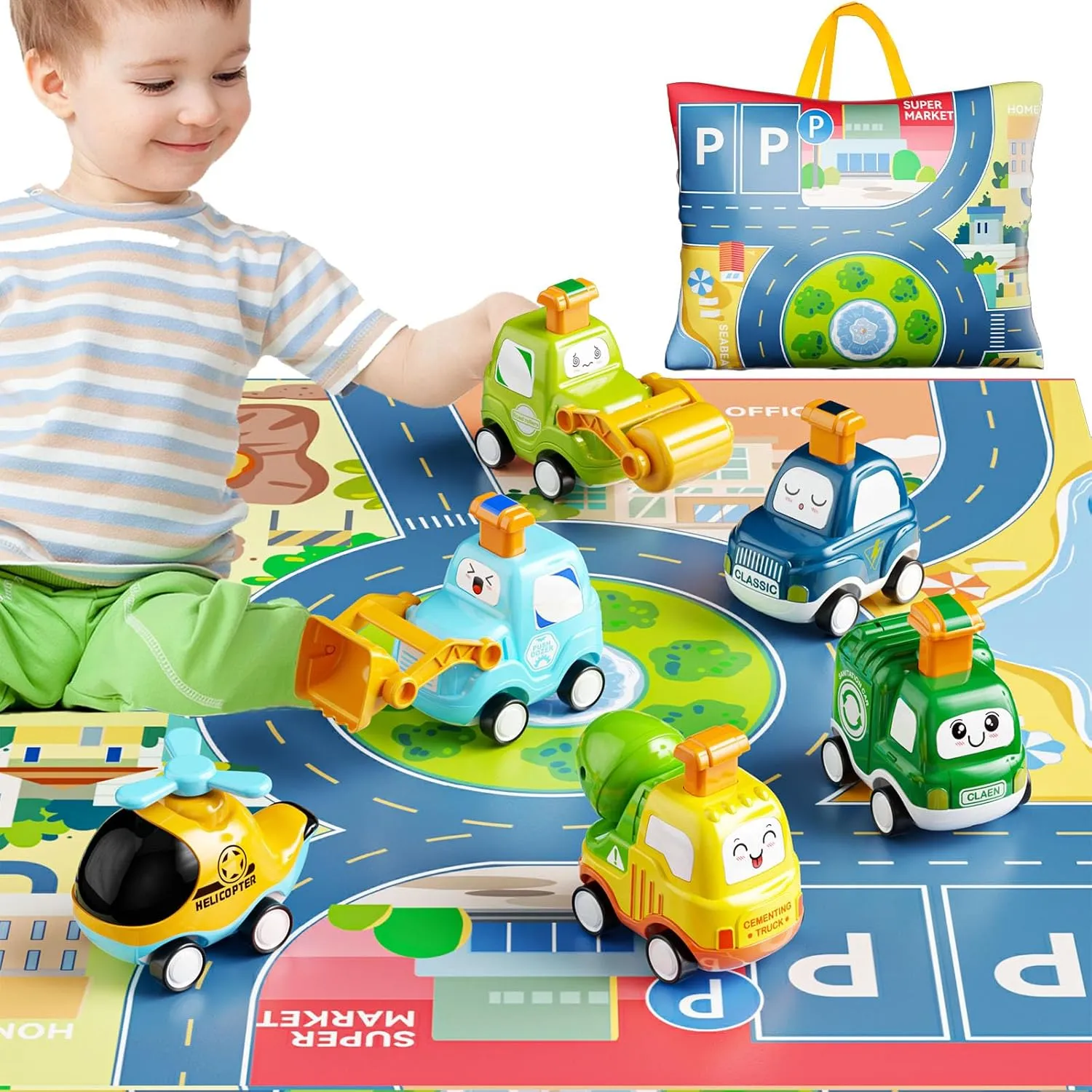 Press and Go Car Toys for Toddlers 1-3, 6 Pack Baby Toy Car Set with Play Mat for Boy, Push Go Friction Vehicle Toys for Infants, One First Birthday Gifts for 1 2 3 Year Old Boys Girls