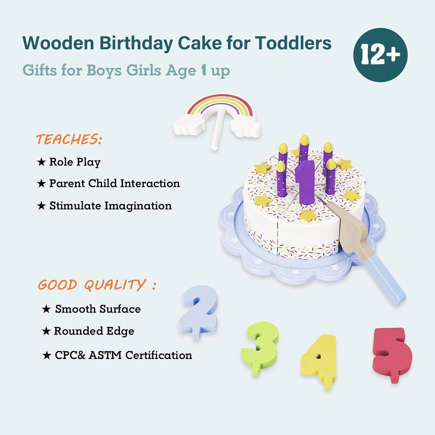Pretend Play Food for Toddlers 1-3,Wooden Birthday Fake Cake with Candles and Numbers,Tea Party Learning Kitchen Gift Toys for Boys Girls (Rainbow Cake)