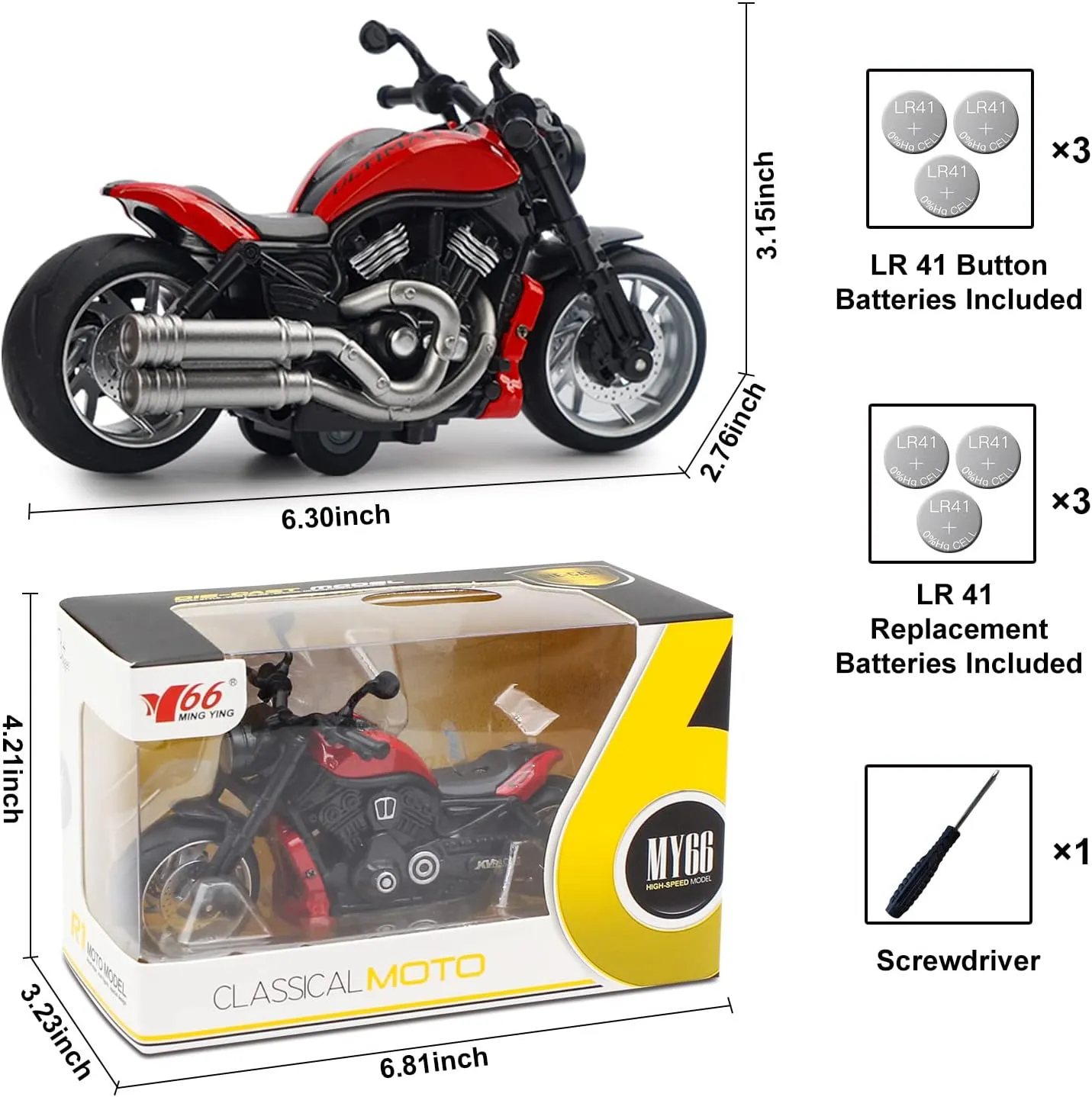 Pull Back Motorcycle Toys - Toy Motorcycle with Flashing Light up and Sounds for Aged 3  Kids Christmas Birthday Gifts. (Red)