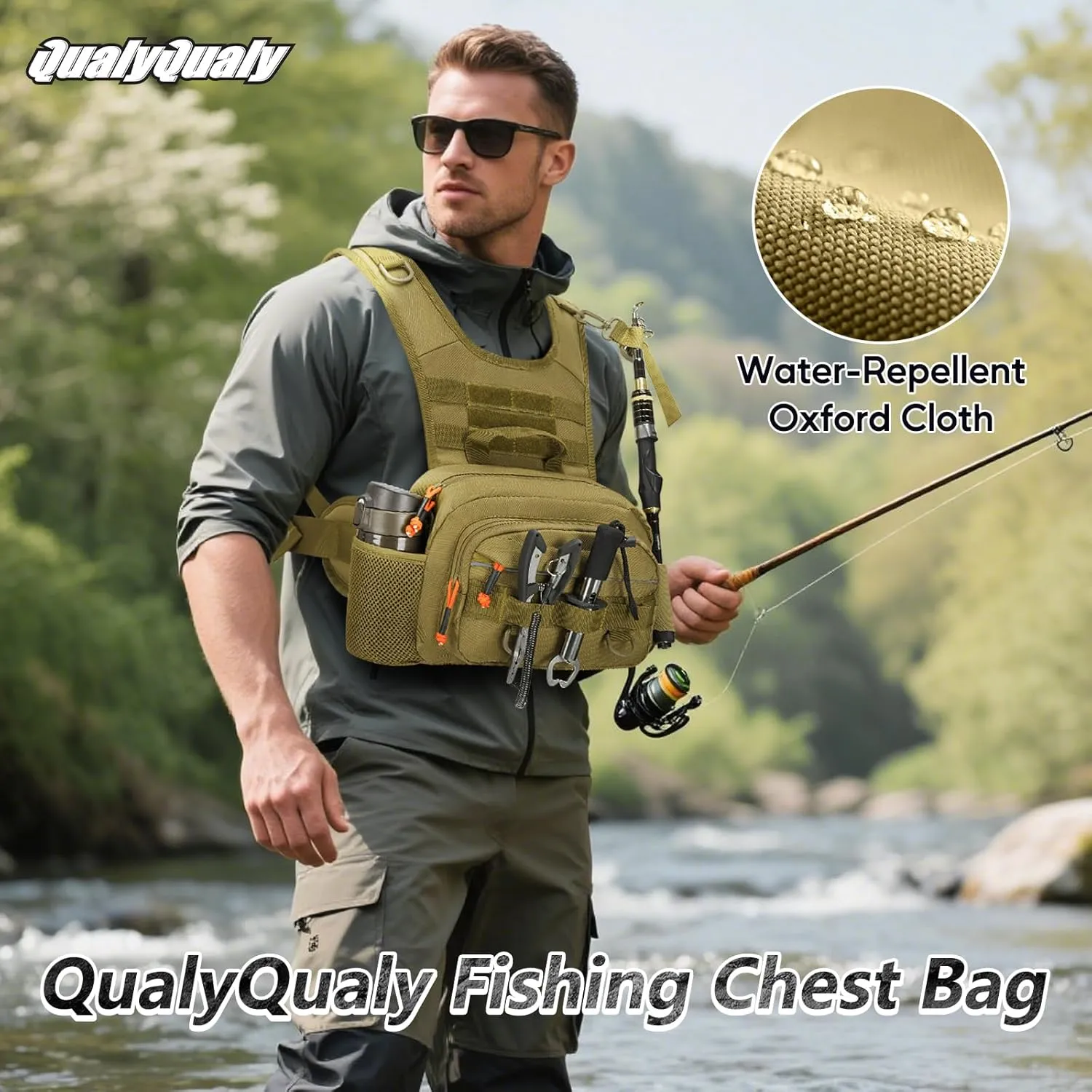 QualyQualy Fishing Chest Pack Tactical Chest Rig Fly Fishing Pack for Sports Outdoor with Compartment Adjustable Strap