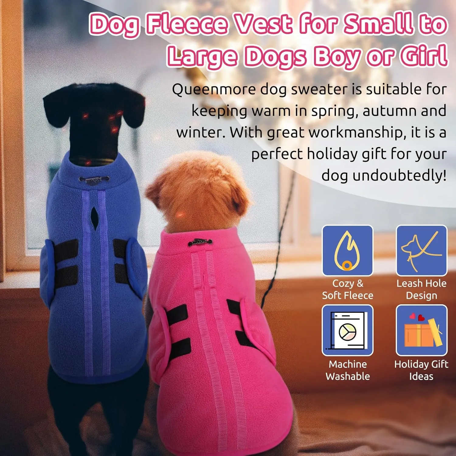 Queenmore XXS Dog Sweater, Soft Fleece Vest Pullover Dog Jacket with Leash Hole, Warm Winter Dog Clothes Cold Weather Doggy Dachshund Sweaters for Small Dogs Cats Boy or Girl (Pink, XXS)