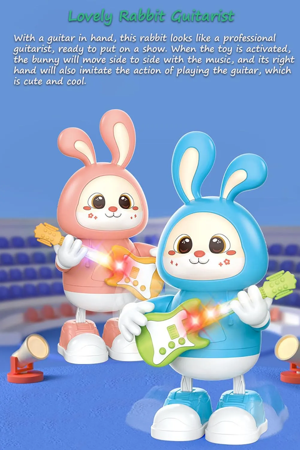 Rabbit Guitarist, Lovely Bunny Musical Toy - Dancing Bunny with Dynamic Music & Cool Lights | Legs Move Sideways | Body Twist (Pink)