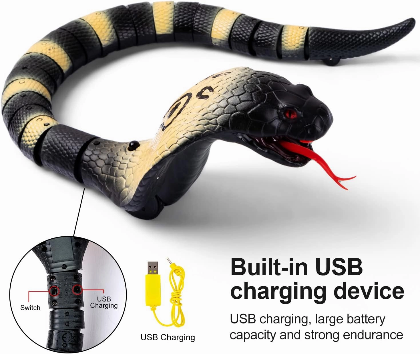 RC Snake Toy: Realistic Prank Cobra, Rechargeable, Smart Sensing, Infrared Controller for Kids/Cat (Black)