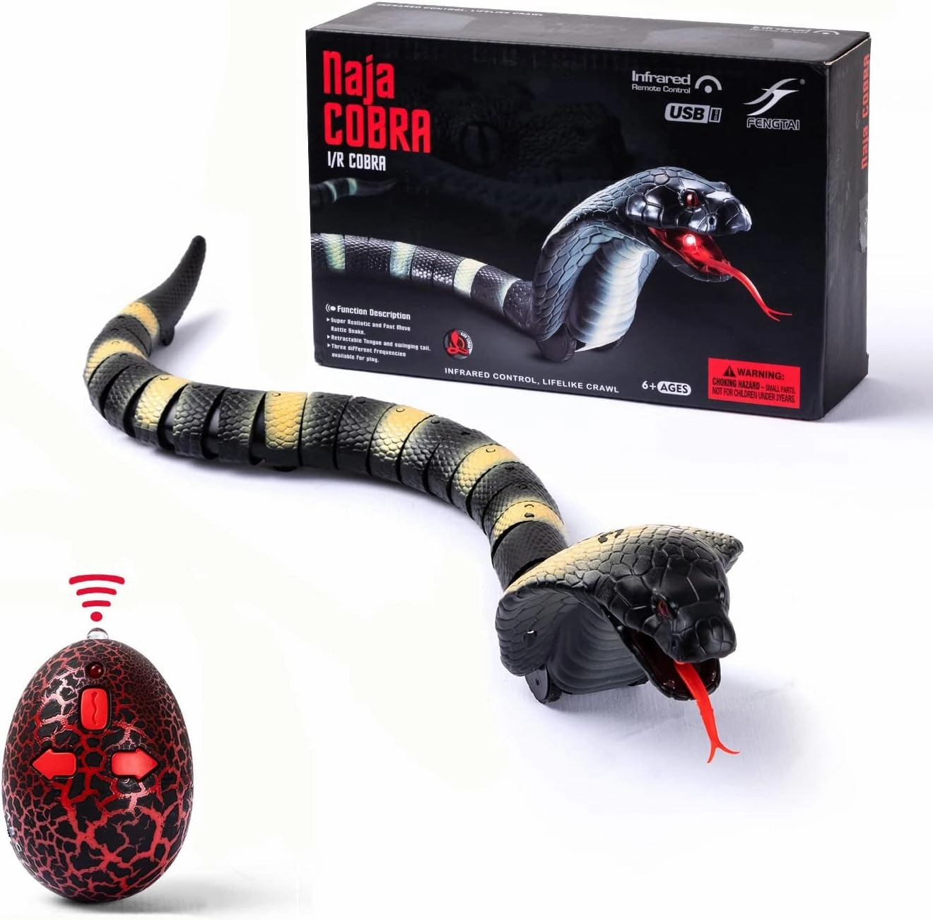 RC Snake Toy: Realistic Prank Cobra, Rechargeable, Smart Sensing, Infrared Controller for Kids/Cat (Black)