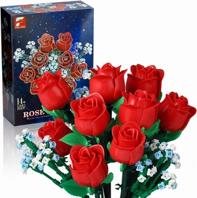 Red Rose Bouquet Building Set - DIY 648pcs Mini Block Kits for Adults & Kids, Artificial Flowers for Home Office Decor