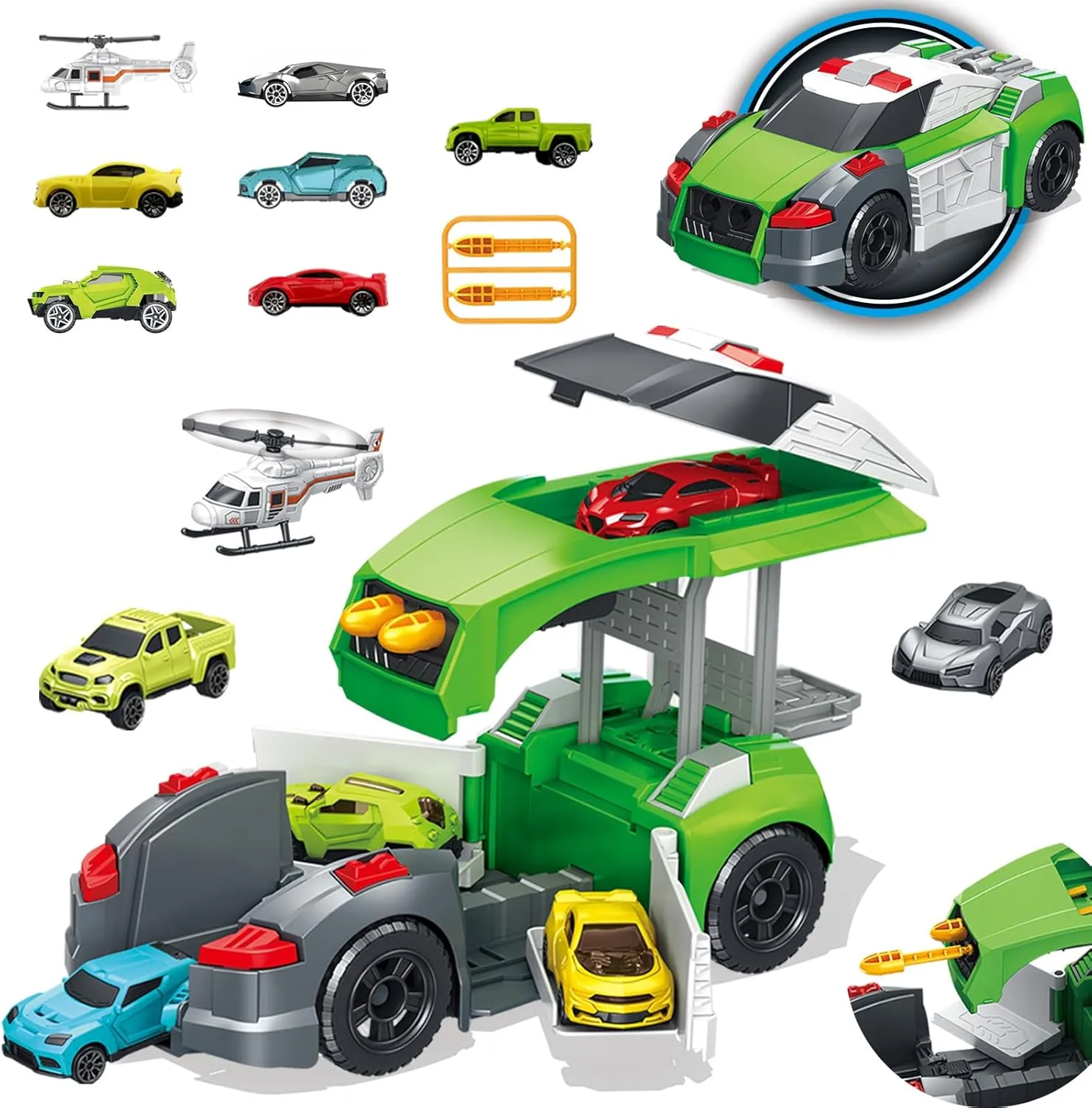 Rescue Action Police Playset for Kids 3 , 1 Police Car, 6 Mini Vehicles, 1 Aircraft & Accessories, Durable Role-Play Vehicle Toy, Educational Learning Toys, ASTM Certified, Green