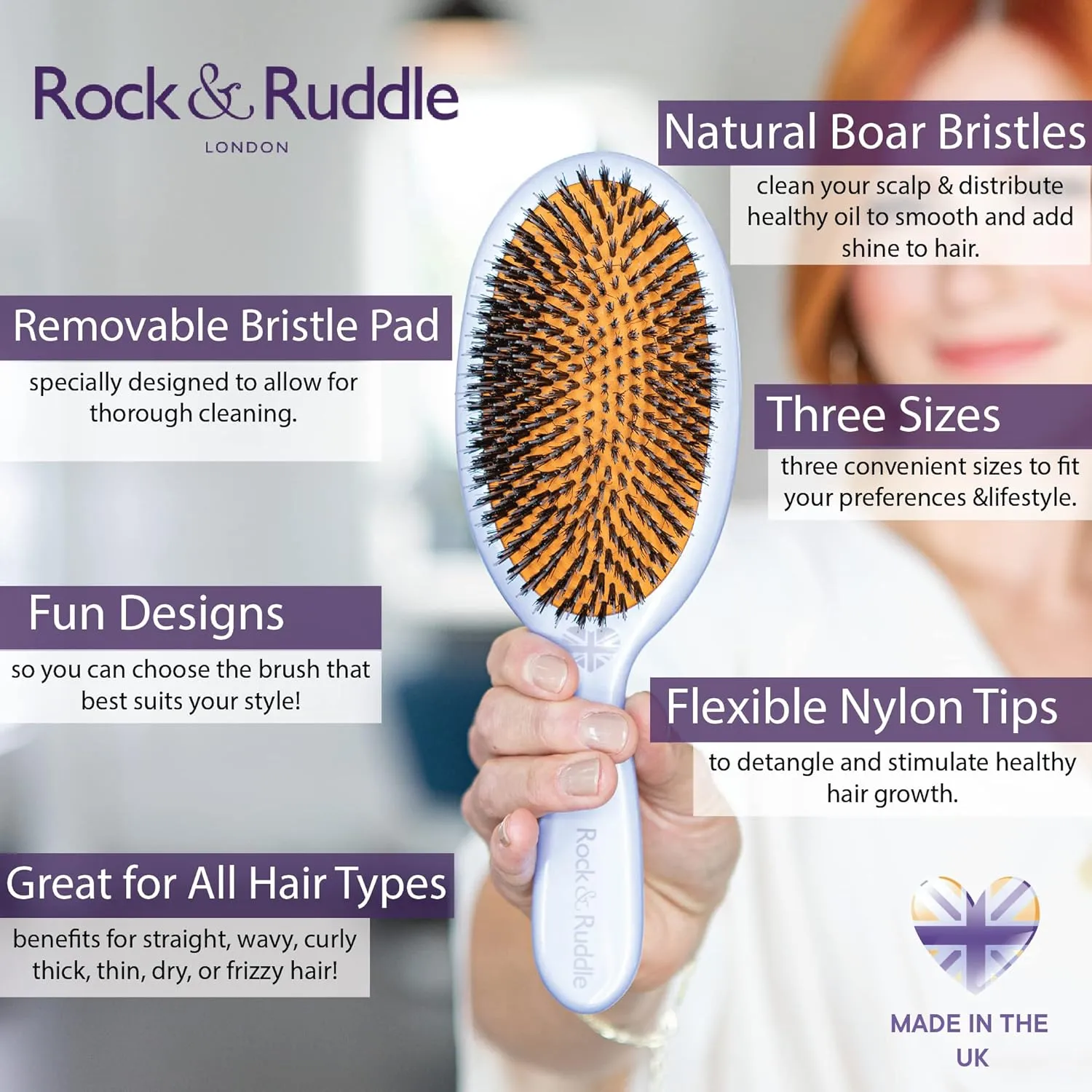 Rock & Ruddle Natural Mixed Boar Bristle Hair Brush for Women and Kids (Small 6.9") - Perfect for Wet or Dry Hair, Detangling Smoothing Blowdrying - Designed & Made in UK - Ladybirds