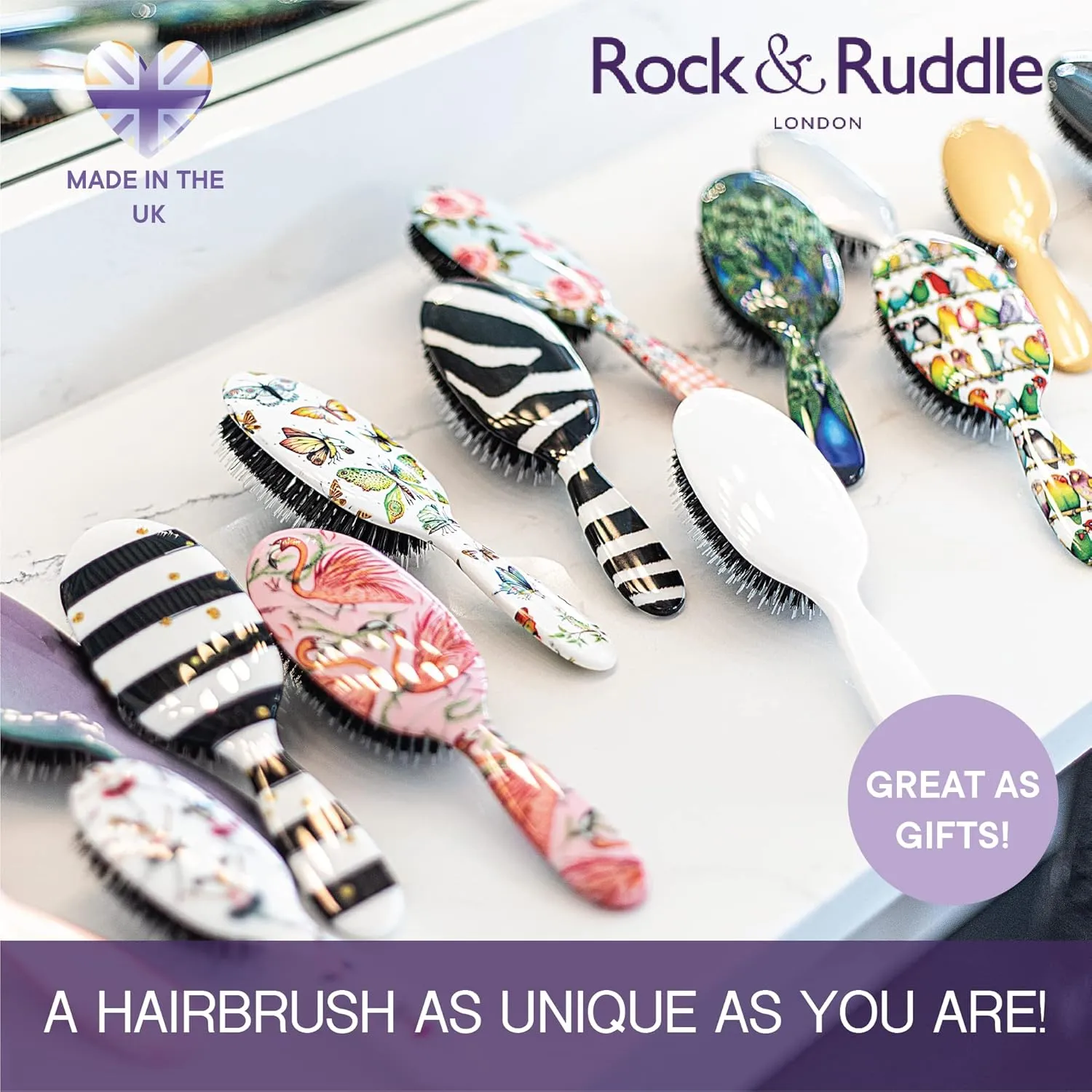 Rock & Ruddle Natural Mixed Boar Bristle Hair Brush for Women and Kids (Small 6.9") - Perfect for Wet or Dry Hair, Detangling Smoothing Blowdrying - Designed & Made in UK - Ladybirds
