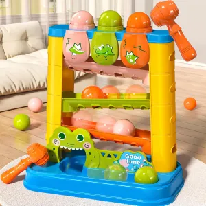 Rolling Ball Toy - Hammering & Pounding Toy for 1-3 Years Old Kids - 6 Balls, 2 Hammers, Animal Figures - Green, Orange, Pink