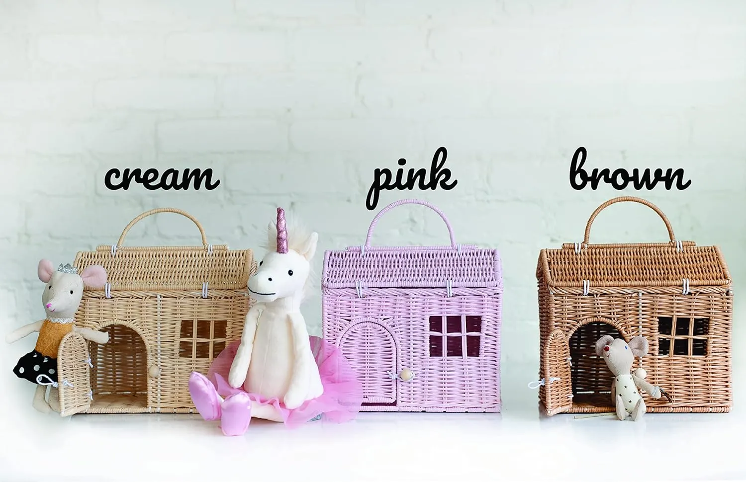 Rool Rattan House Shaped Basket Wicker Small Dollhouse Gift for Girls, Boho Toys, Mouse in a Box House, Little Girl Purse Clutch, Doll Carrier (Pink)